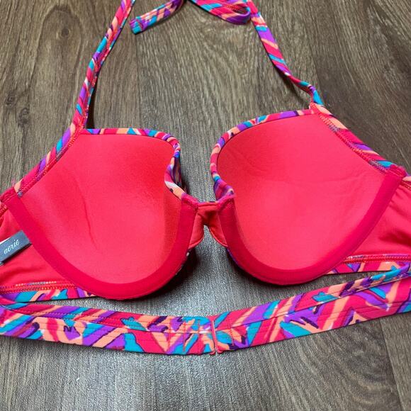 Aerie Womens Blakey Underwire Halter Bikini Bra Top Size 34A Geo Patterned Neon - Picture 2 of 7